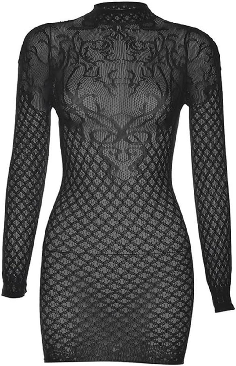 Tanktops en tops voor dames, netrok met lange mouwen, korte rok, netbody met vrije rug