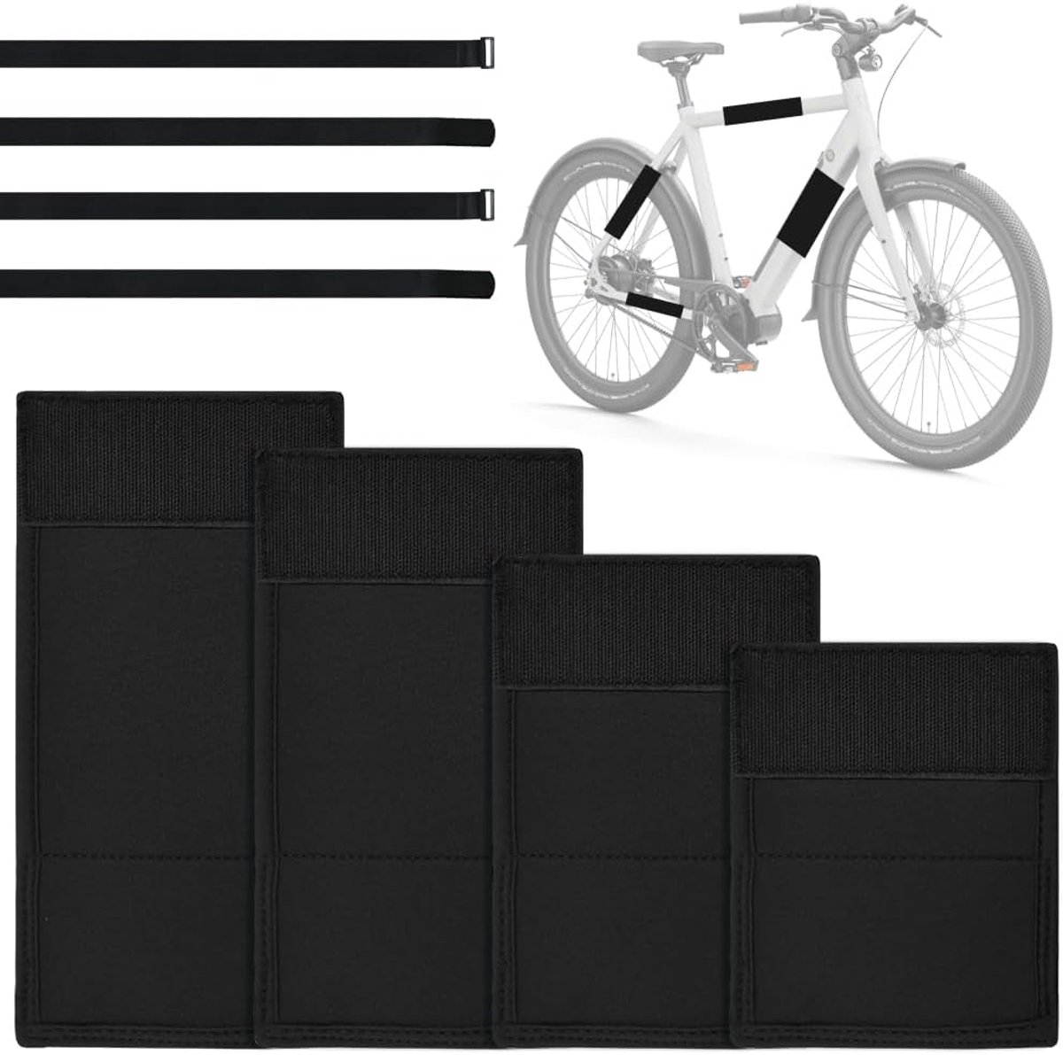Set van 4 fietsframebeschermers, transportbescherming, fietsendrager met 3 fietsendragers, riemen, framebeschermingsfolie, fiets, neopreen, klittenband, fiets, beschermfolie, accessoires voor