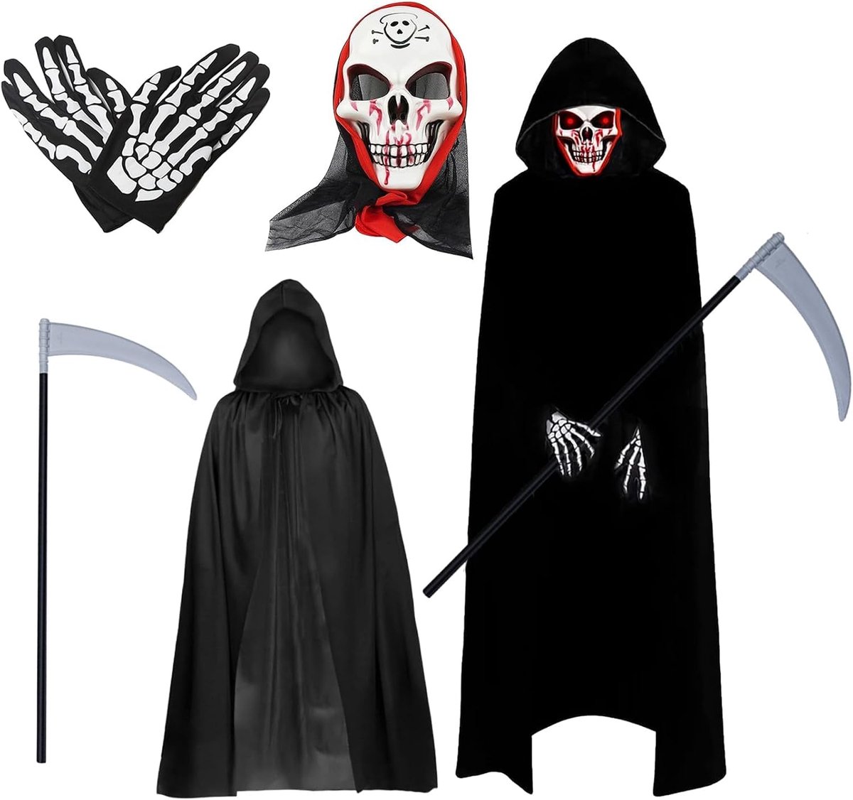 Sensenmann kostuum, horrormasker, gemaskerd bal, cosplay, maskerade, Halloweenkostuum, rekwisieten, moesmankostuum voor kinderen, vampierkostuum, Halloween, met schedelmasker, sense,