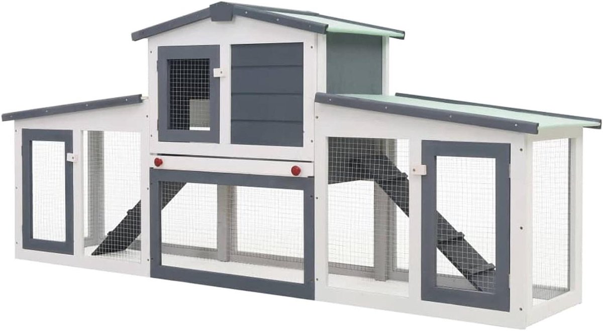 Konijnenhok Buiten - Dierenverblijf Hout - Knaagdier Huisvesting - Afsluitbare Hengel - 204x45x85cm - Grijs Wit