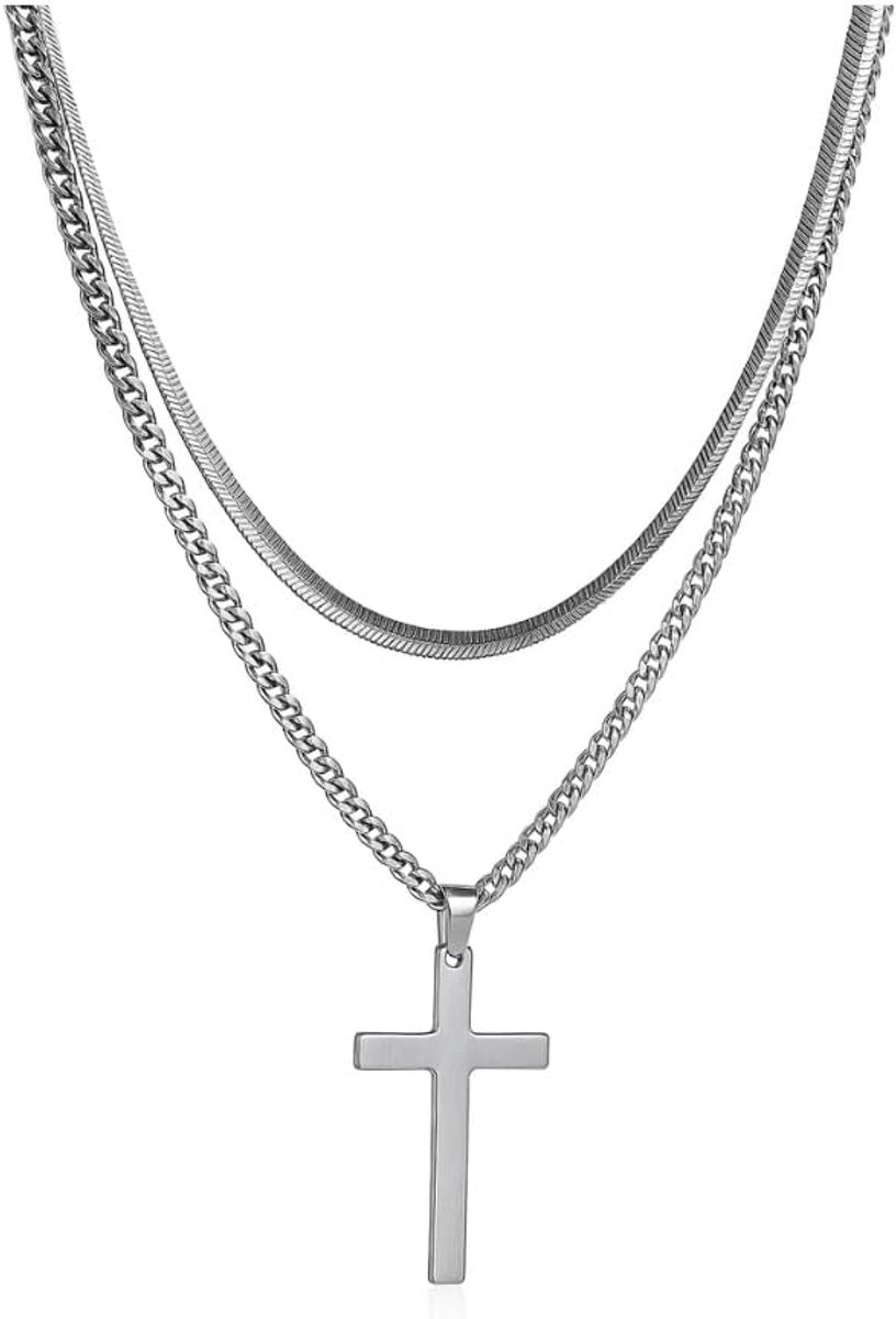 Halskettingen van roestvrij staal, pantserketting met kruis + minimalistische slangenketting, moderne stapelstijl, cadeau-idee voor heren, Normaal, Roestvrij staal, zonder edelsteen