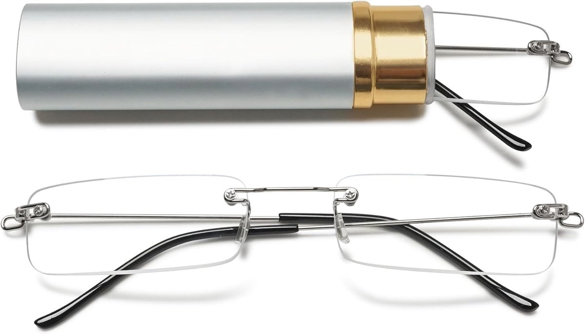 Mini frameloze leesbril, blauwlichtfilter, smal, voor dames en heren, ultralicht, rechthoekig, randloos, leeshulp, kleine bril met metalen etui