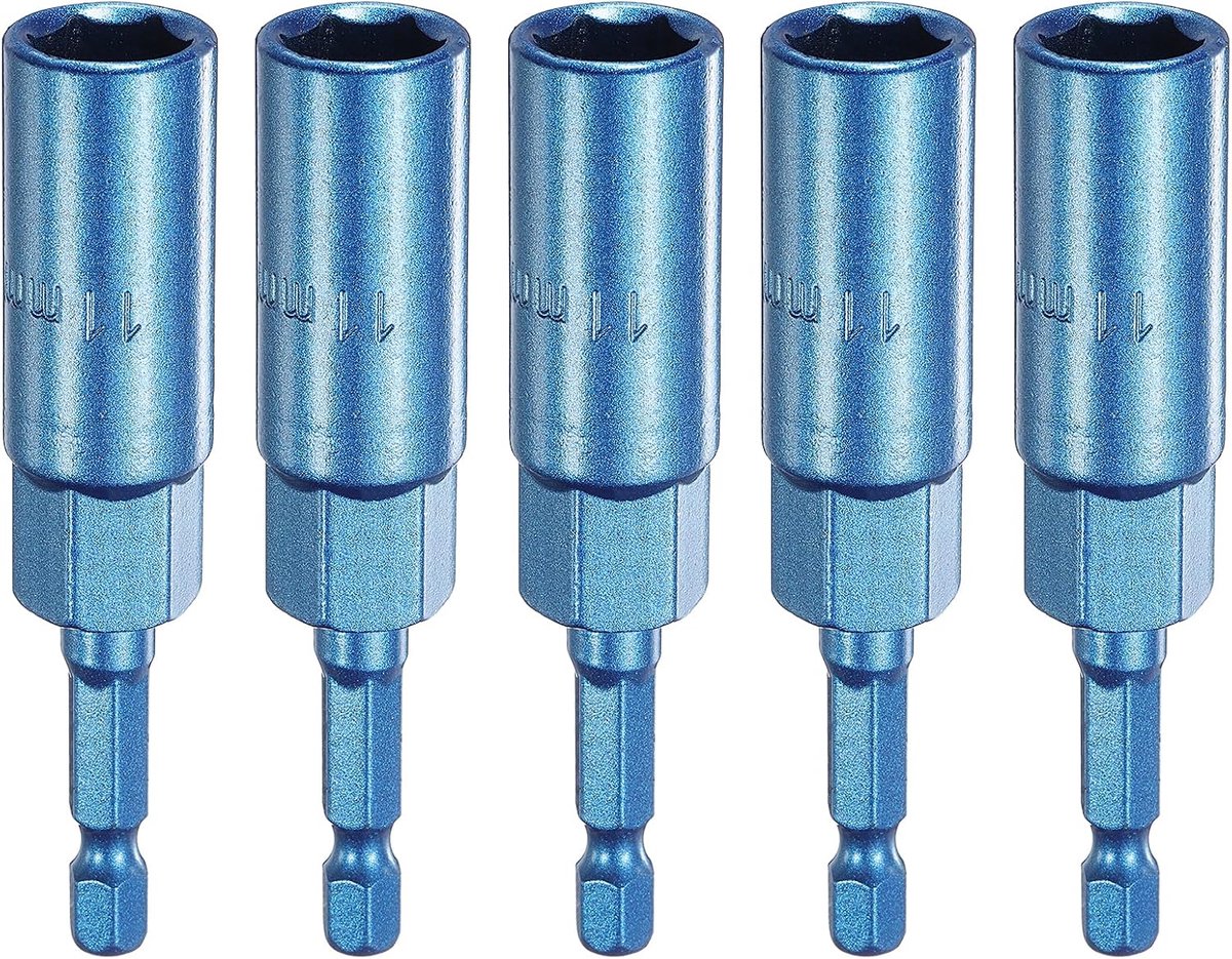 5 stuks zeskantige bits, 11 mm, zeskantaandrijving, CR-V staal, krachtschroefboorbits, steeksleutelgereedschap met 1/4 inch snelwissel-zeskantige schacht, blauw