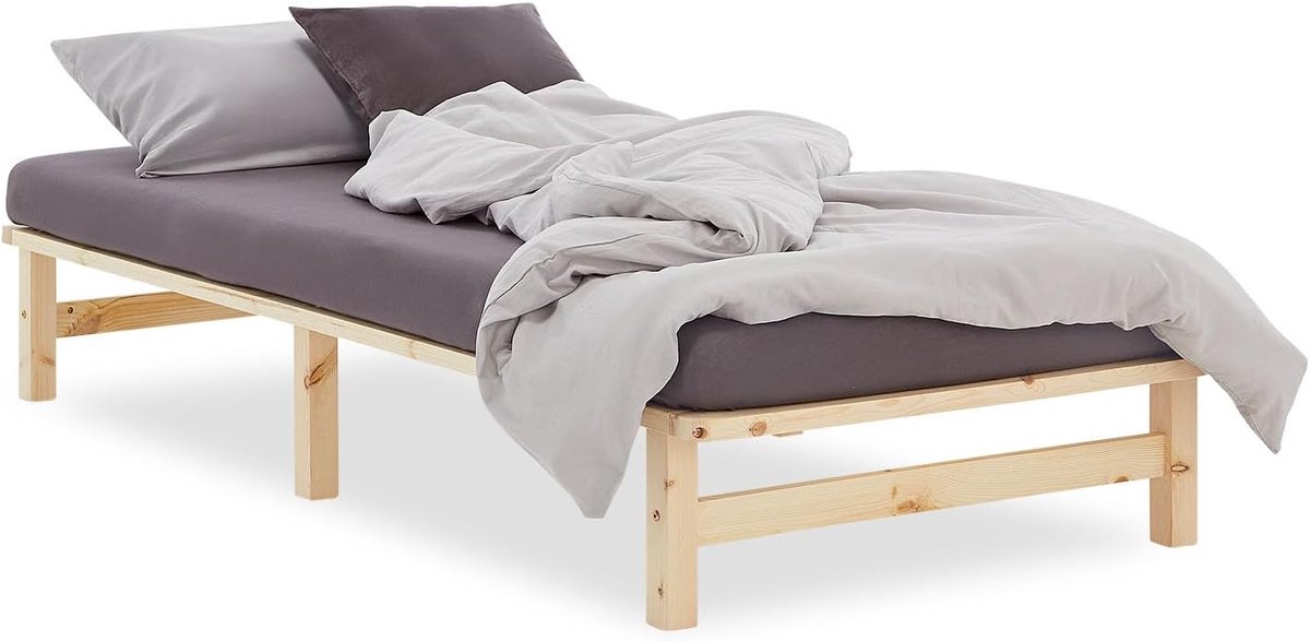 1908 Houten palletbed, 90 x 200 cm; bedframe met lattenbodem, naturel, massief grenen