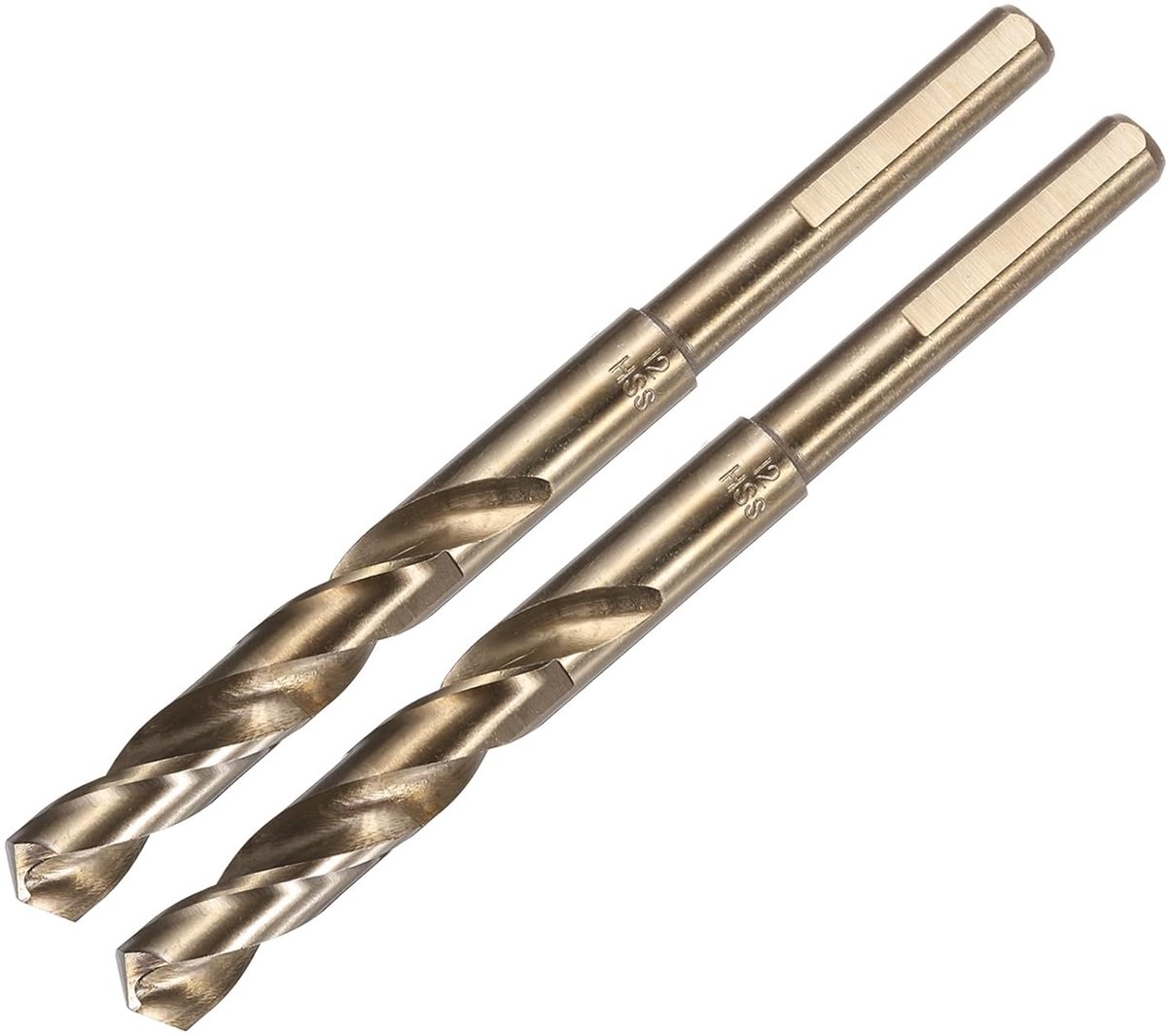 Spiraalboor, 2 stuks, verlaagde schacht, 12 mm, zwart, nitride & goud, titanium gecoat, hogesnelheidsstaal, 6542, met 10 mm schacht voor roestvrij stalen legering, metaal, kunststof, hout