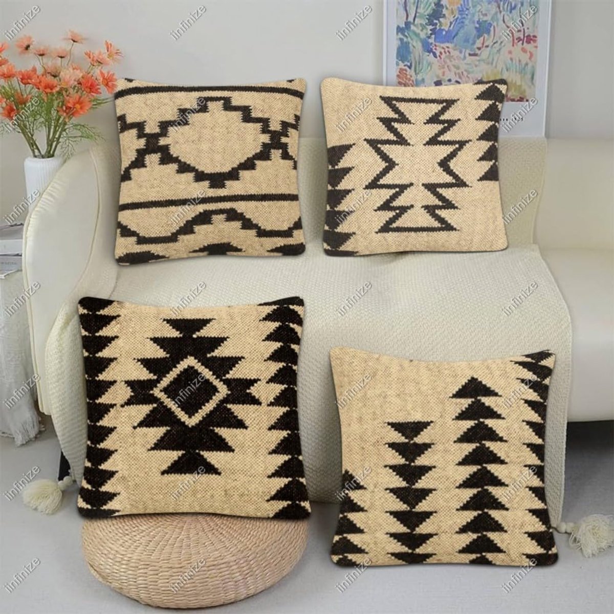 Kussenhoes 45x45 cm - Wol-Jute - Handgeweven kilim patroon - Perfect voor binnen en buiten - SnelShoppen