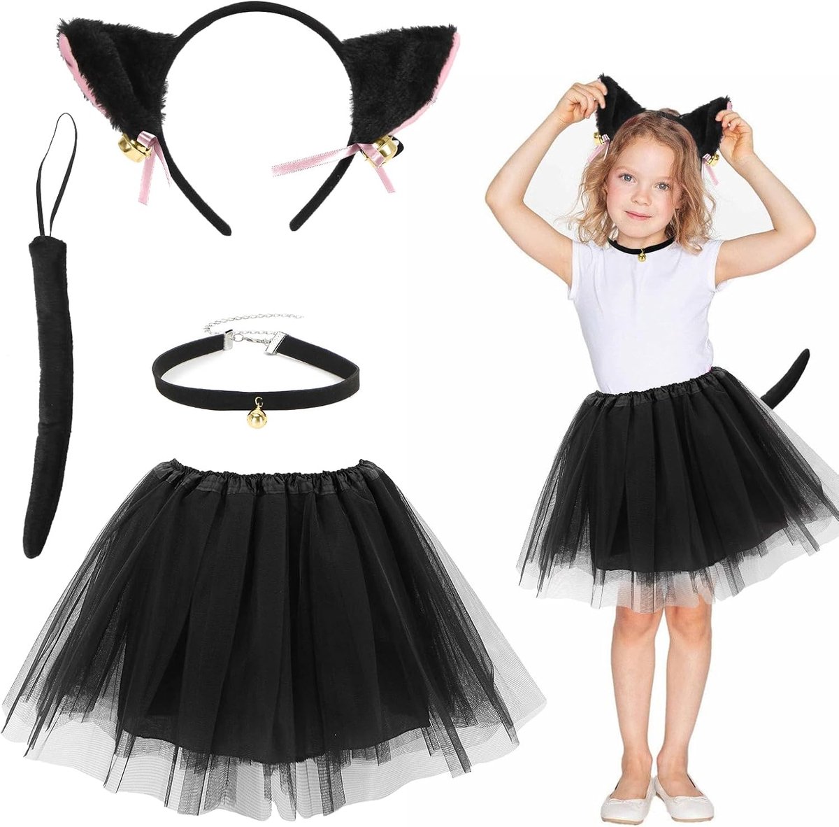 Kattenkostuum voor meisjes en kinderen, kattenkostuum met kattenoren, haarband, belletje, zwarte tule rok, carnaval, Halloween party