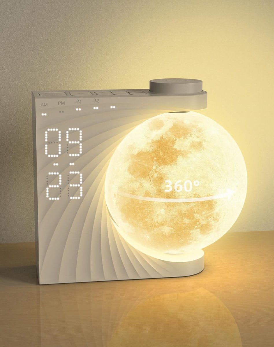 Maanlamp met wekker,360°Lichtwekker draaien,10 rustgevende geluiden met kleurrijke lichtmodus,Dubbele wekker,Sluimerfunctie slaapkamer,woonkamer