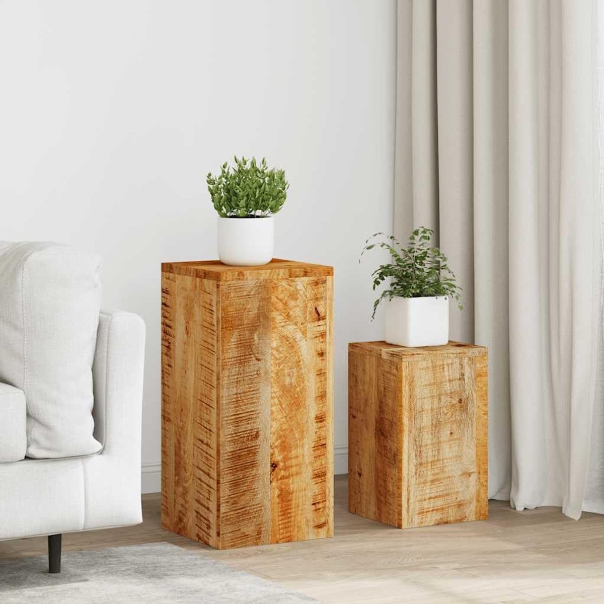 2 stuks plantenstandaard van massief mangohout, banktafel van massief hout, handgemaakte plantenrek, robuuste bovenkant voor bloempotten en telefoon, kleur
