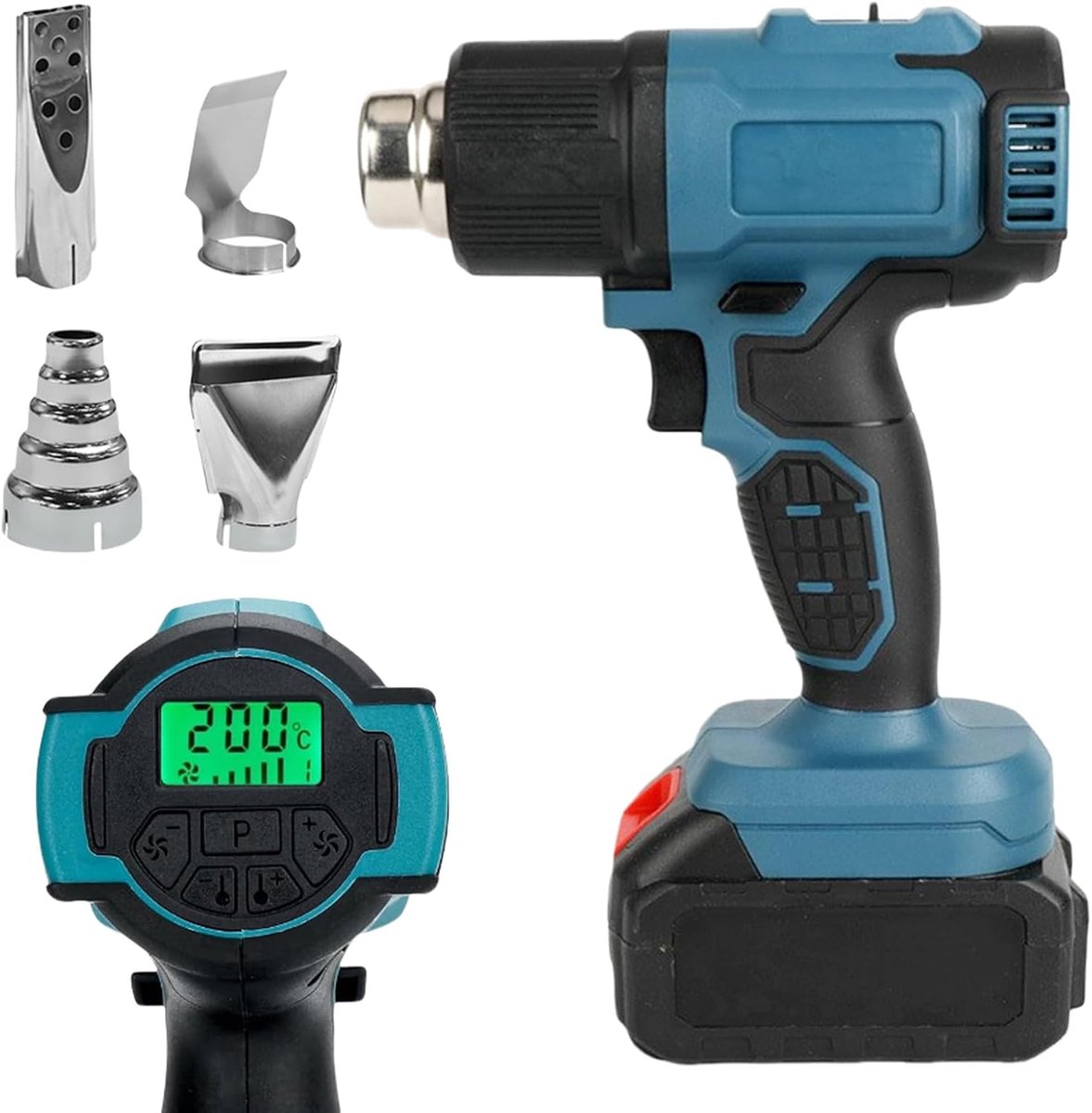Heteluchtpistool voor Bosch 18V, 50-550°C accu-heteluchtblower met LCD-display & 4 roestvrijstalen mondstukken, instelbare temperatuur & luchtcontrole heteluchtfön voor krimpen DIY ontlakken