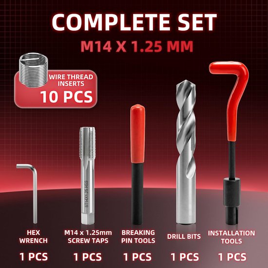 Schroefdraadreparatieset M14x1.25 mm, Bevat Boortjes Tappen Montagegereedschap een Schachtbreker Schroefdraadinzetstukken en is Bedoeld voor Het Repareren van Beschadigde of Versleten Schroefdraad — afbeelding 2