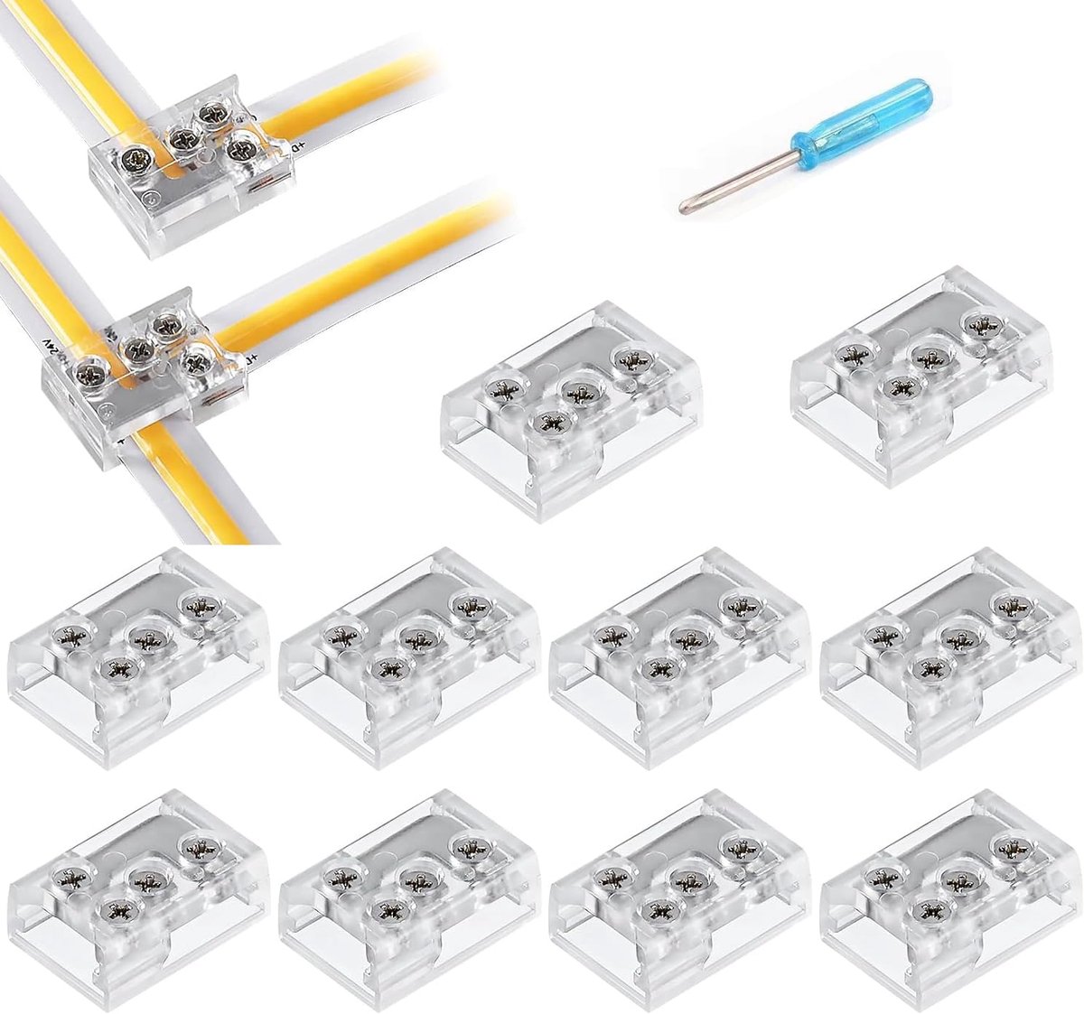 Ledstrip-connector, 8 mm, geschikt voor 5050 3528 COB SMD effen ledstrips, L-vorm en T-vormige hoekverbinding, transparant design, inclusief schroevendraaier