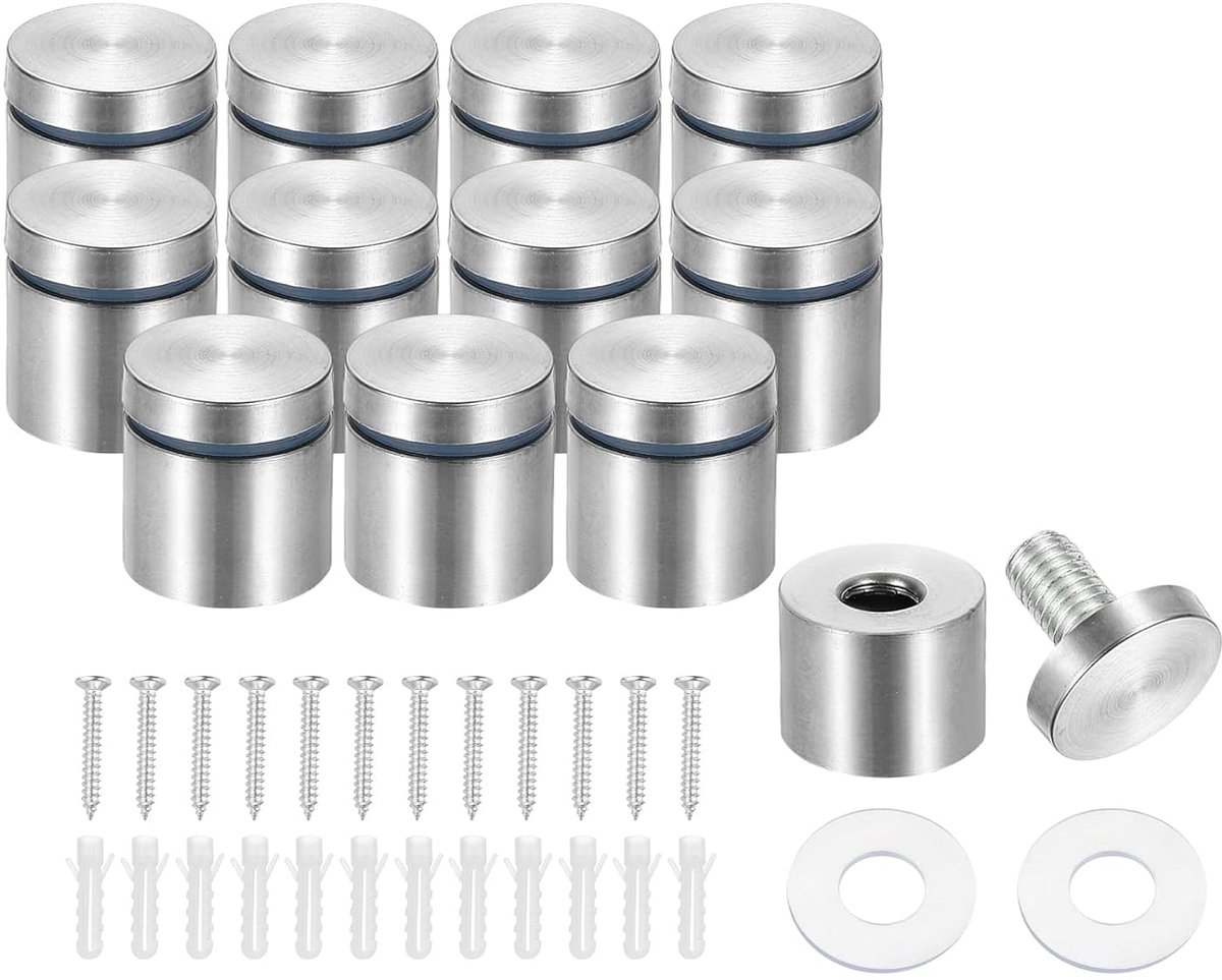 25 x 25 mm afstandsschroeven, 12 stuks roestvrijstalen wandmontage bord afstandhouders montagehardware reclame spijker voor opknoping acryl fotolijst, zilver