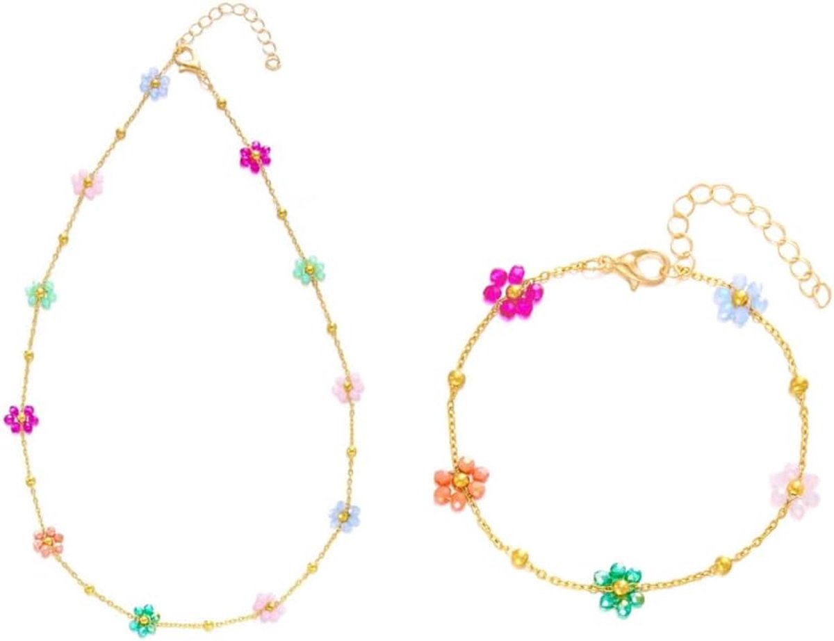 2 stuks dames sieradenset vintage kleurrijke parels bloem halsketting met armband bloem girly stijl fris en schattig