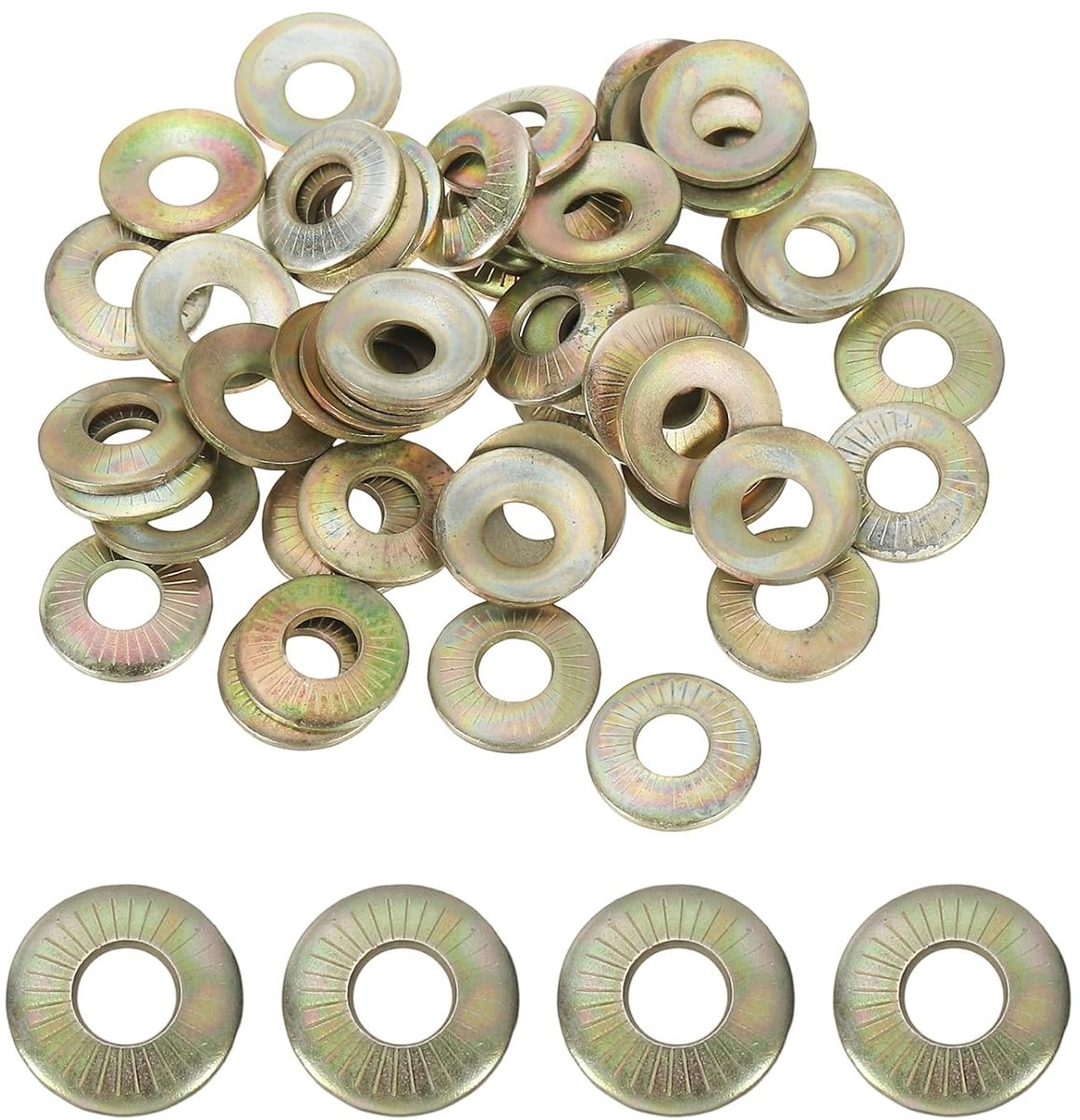 Platte sluitringen, M4 x 10 x 0,7 mm, 50 stuks, 65 mm, staal, conisch, gekarteld, metrisch, voor automobielindustrie, bouw (zink in geel)