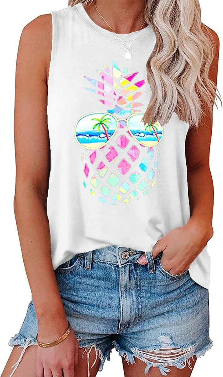 Tanktop voor dames, zomertop, ronde hals, print, mouwloos T-shirt, losse pasvorm