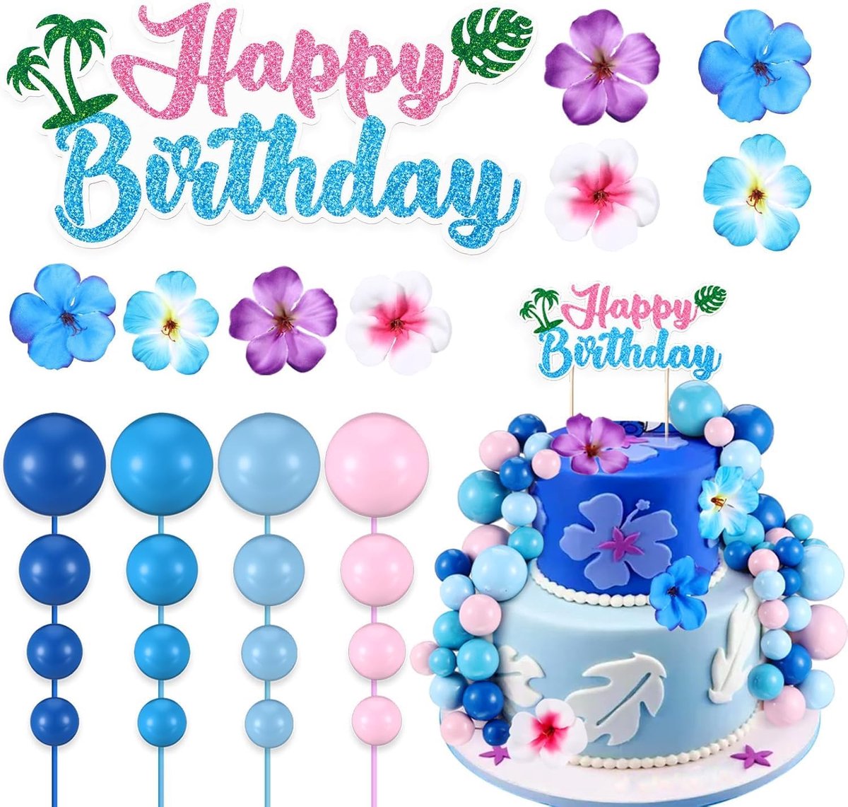 37 stuks roze blauwe taarttoppers, taartdecoratie, bloemen, taartdecoratie, Hawaiaanse taartdecoratie voor verjaardag, bruiloft, zomer, babyshower