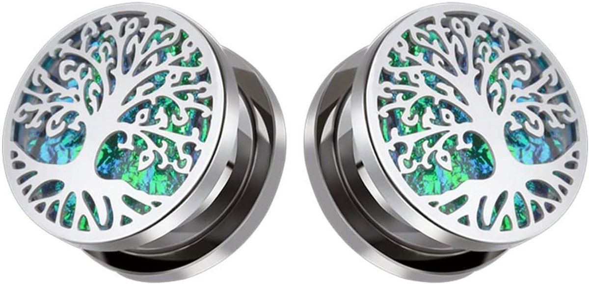 1 paar levensboom van roestvrij staal met opaal ingelegde schroefboortunnel plug gauges expanderpiercing modieus geschenk 0 g - 1 inch in 8 mm - 25 mm