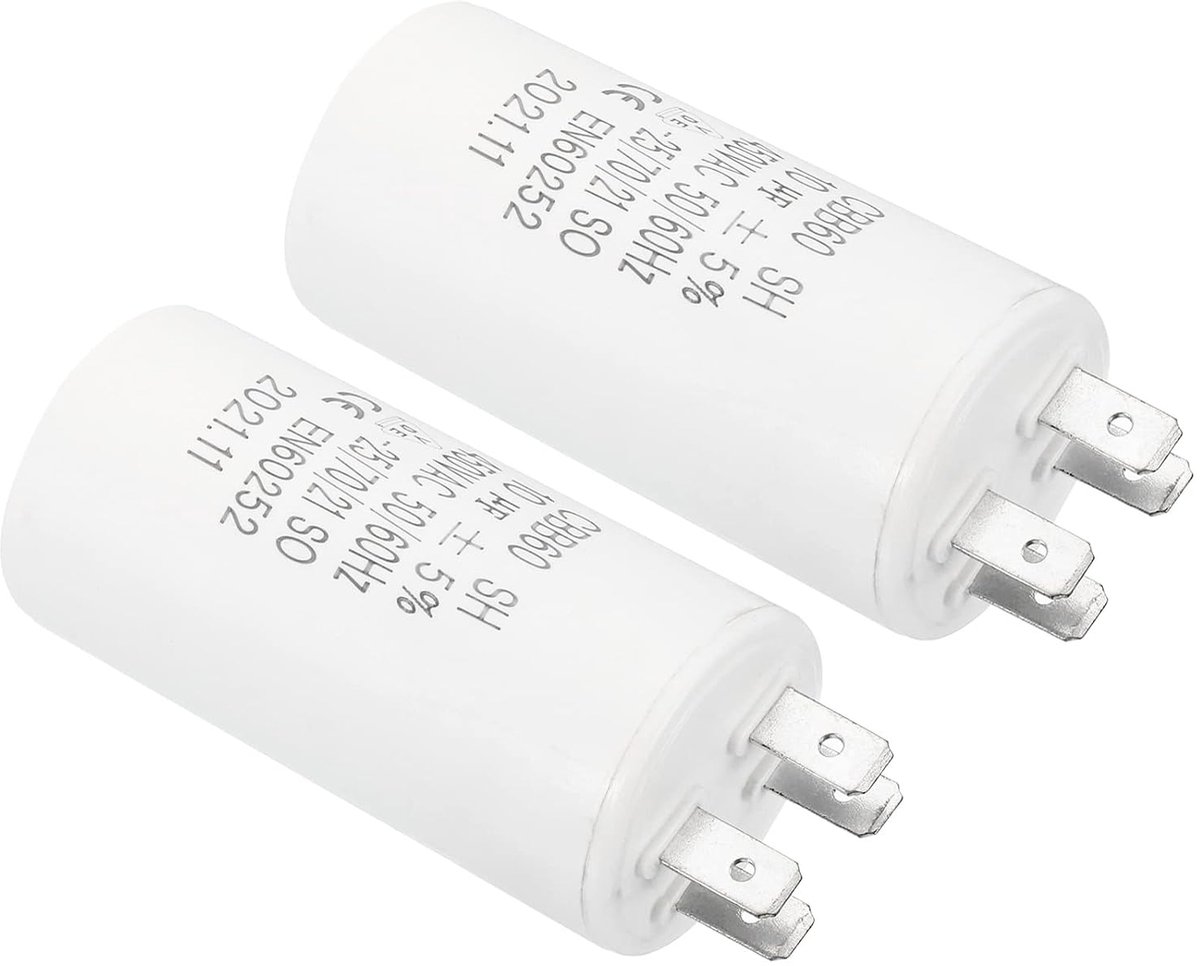 CBB60 10 uF Gangcondensator, 2 stuks, AC 450 V, 4 pins, 50/60 Hz, onderste cilinder voor wasmachine, waterpomp, stermotor, wit