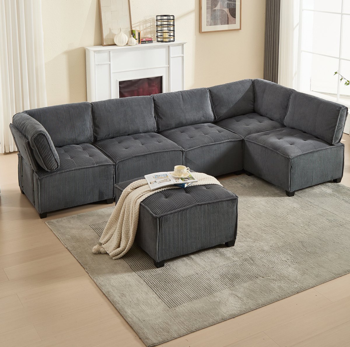 MEUNIQ Modulaire U-bank 6-zits 308 x 154 x 82 cm met cordbekleding, ergonomische rug- en armleuningen, opbergvakken en slaapfunctie, grijs