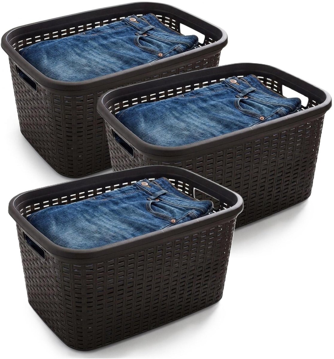 Plasticforte Wasmand - 3x - 35 liter - rotan - zwart - kunststof - 53 x 36 x 26 cm - draagmand - met handvatten - lichtgewicht