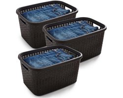 Plasticforte Wasmand - 3x - 35 liter - rotan - zwart - kunststof - 53 x 36 x 26 cm - draagmand - met handvatten - lichtgewicht