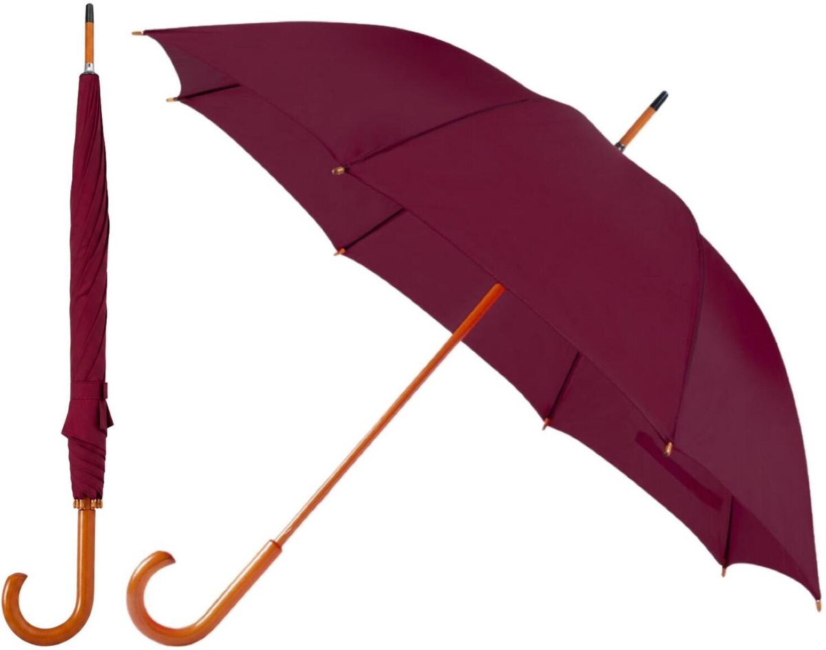 Bellatio Design Paraplu Dryfeet - 2x - bordeaux - dia 105 cm - 85 cm lang - 8 panels - regen - polyester/hout - Classic model