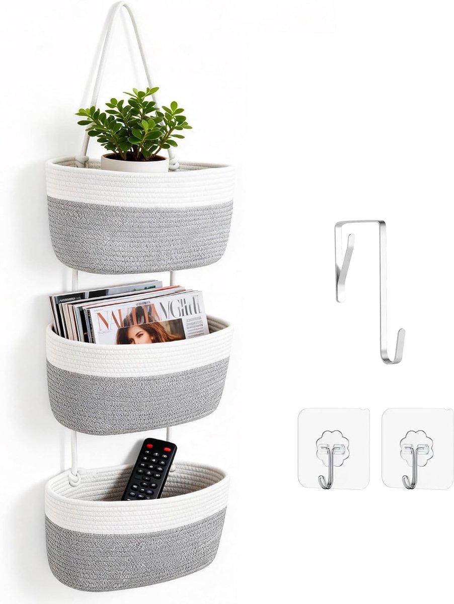 Hanging organiser met haken - wandhanger van geweven katoen - ideaal voor woonkamer of kinderkamer - ShopVlot