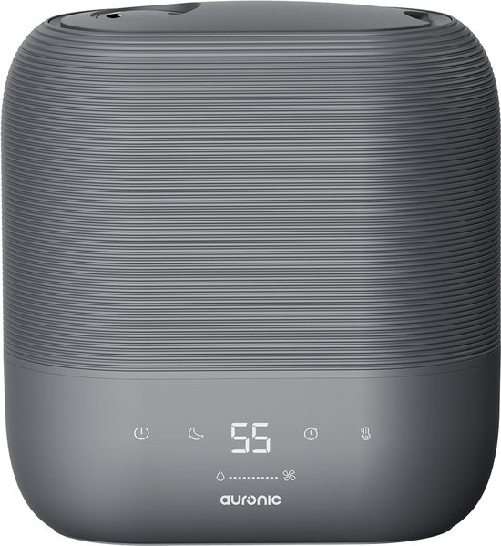 Humidificateur Auronic anthracite avec motif côtelé et écran numérique avec réglages.