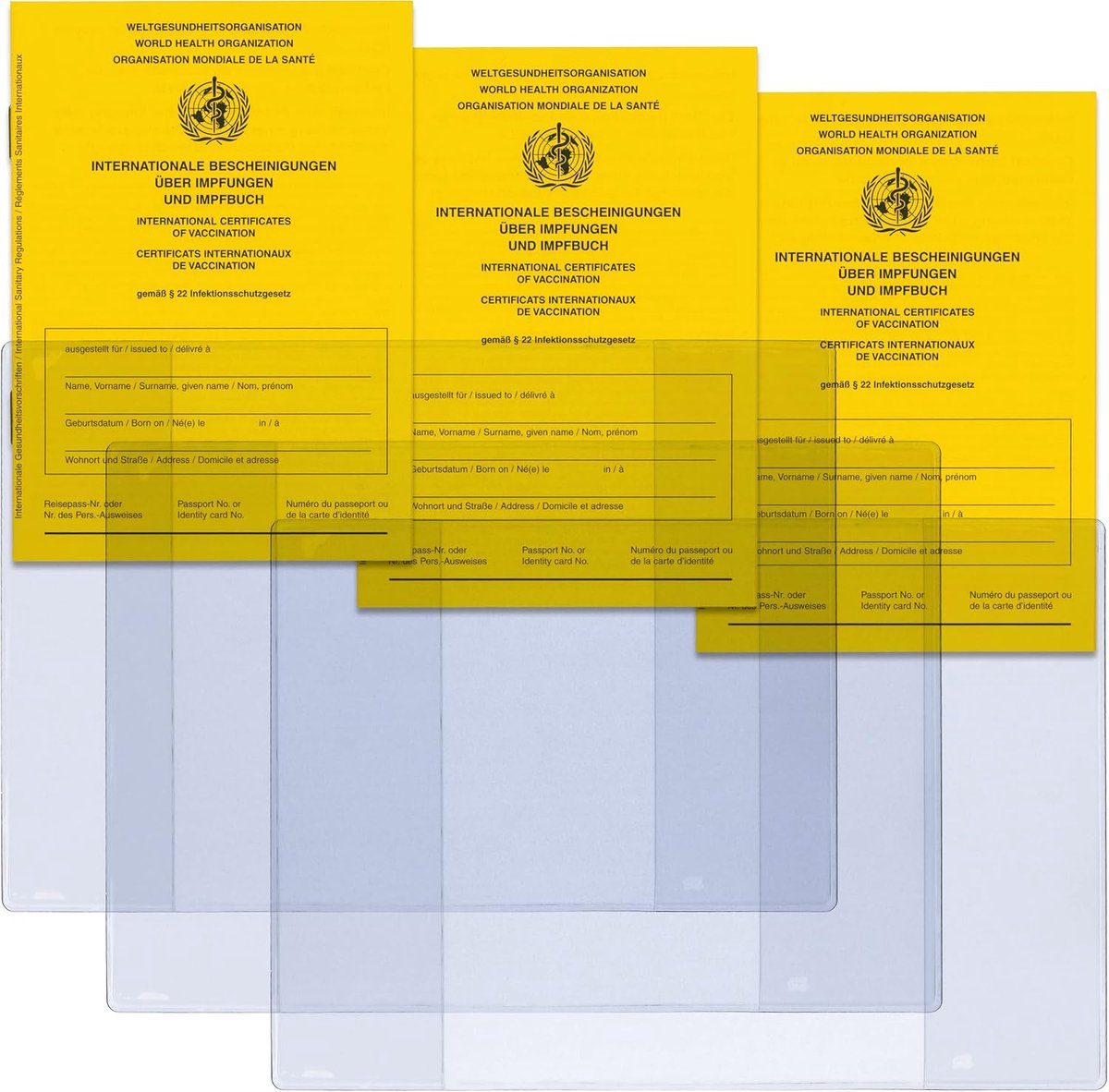 Thijox - Set van 3 Vaccinatiepaspoort Hoesjes en 3 ID Hoesjes - Transparante Bescherming voor Vaccinatieboek, WHO Richtlijnen, Duits, Engels, Frans, O