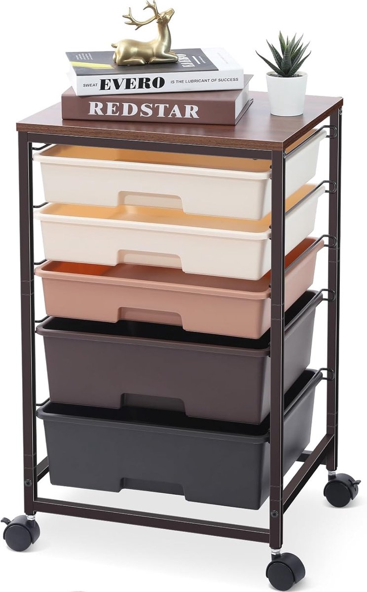 Trolley met 5 lades - houten tafelblad - mobiel met wielen - ideaal voor keuken en woonkamer - ShopVlot