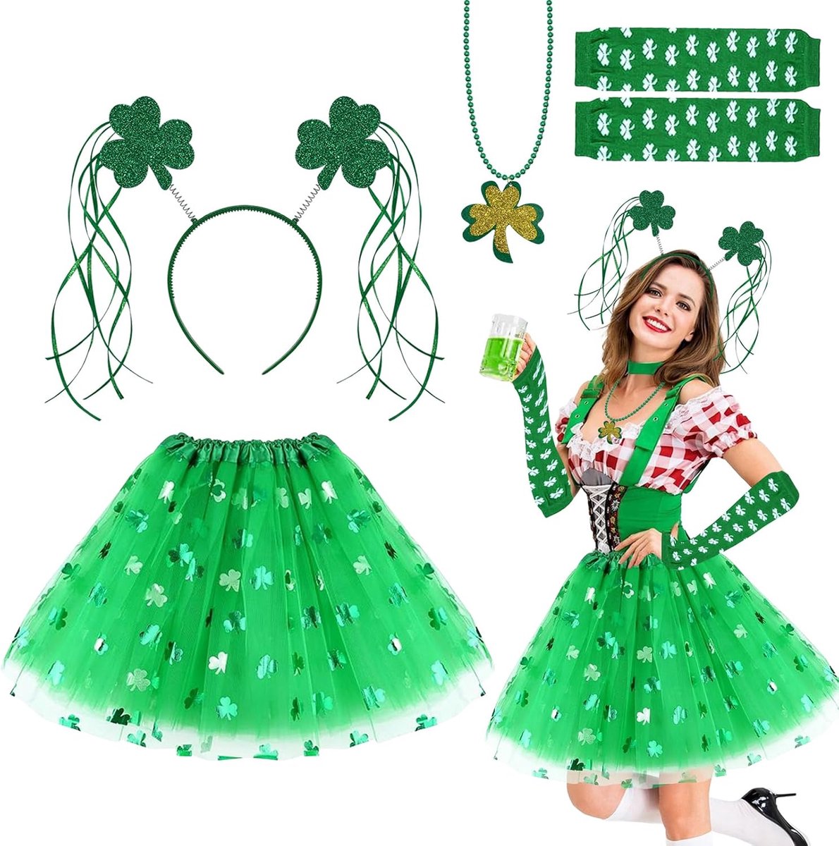 Day Parade kostuumaccessoireset, 4 stuks Kobold kostuums voor St. Patricks Day, groen Iers klaverblad, rok, Shamrock hoofdband, halsketting, voor St. Patrick's Day decoratie