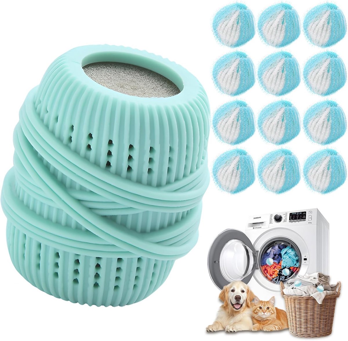 Wasmachine, 13 stuks, herbruikbare pluisballen, wasmachine, haarvanger, wasmachine, anti-pluisballen, drogerballen voor het verwijderen van hondenharen en kattenharen (blauw, 1