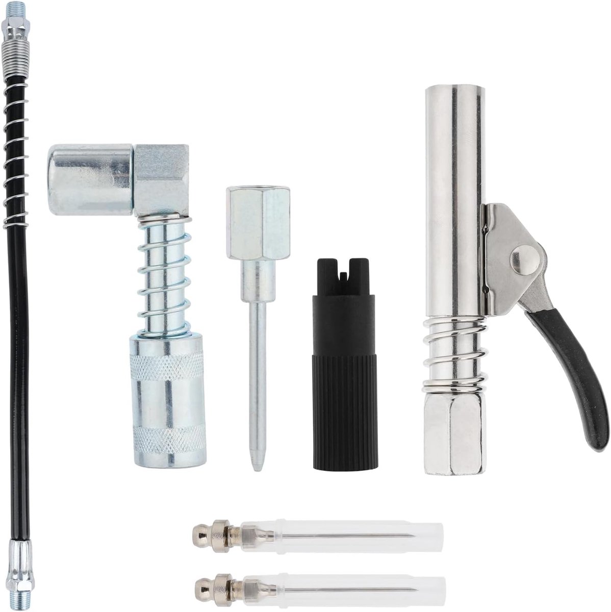 7st Vetspuit Accessoire Kit, Bevat 2 Naald Mondstukken 90° Vetkoppeling Adapter Koppeling Naald Dispenser Smeernippel Reiniger 29cm Slang voor Auto Boerderij Industrie Gebruik