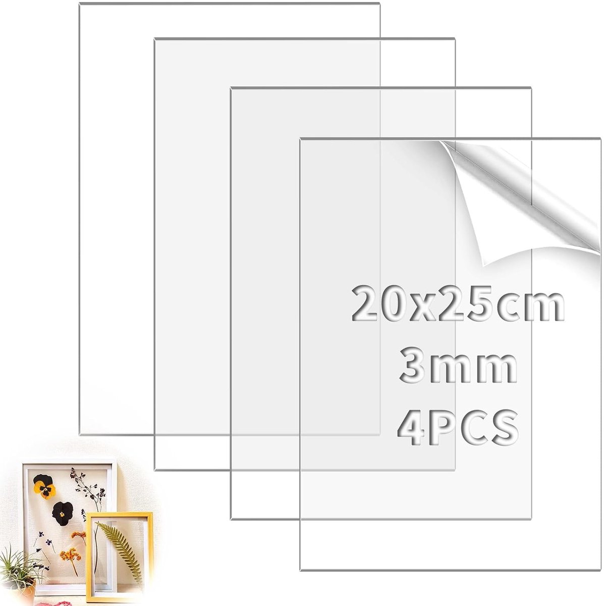 4 stuks acrylglasplaat, transparant, plexiglas, 20 x 25 cm, acrylglas, 3 mm, acrylplaat voor fotolijsten, schilderen, projecttentoonstellingen, doe-het-zelfprojecten, rijplannen, tafelborden