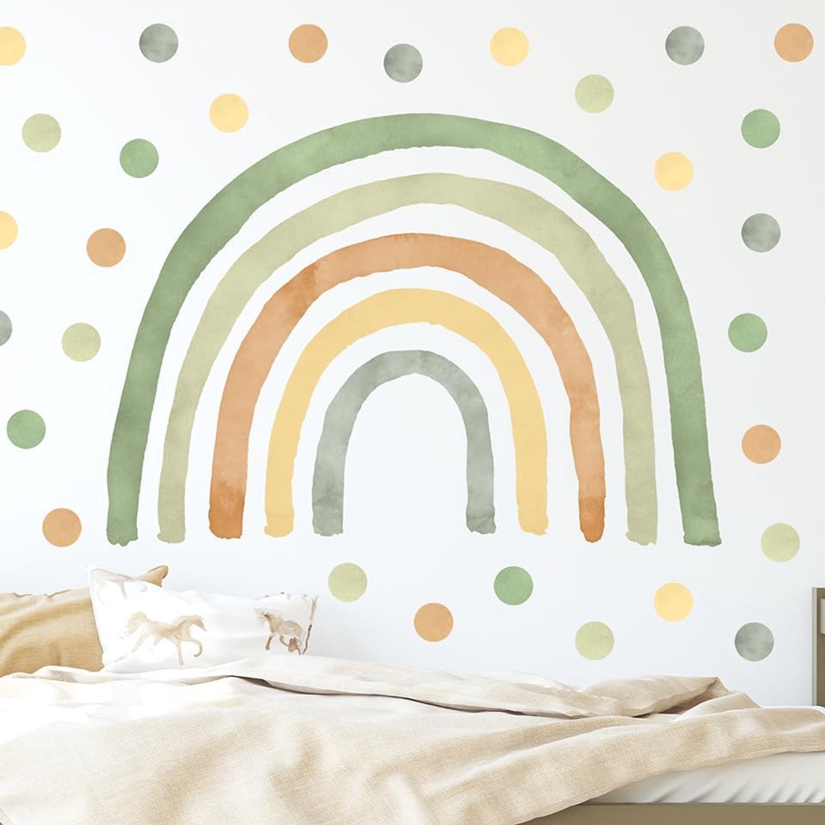 Muursticker voor kinderkamer - Kinderkamerdecoratie - Muursticker voor kinderkamer meisjes - Wanddecoratie - Groene regenboog M + 50 stuks stippen/polka dots