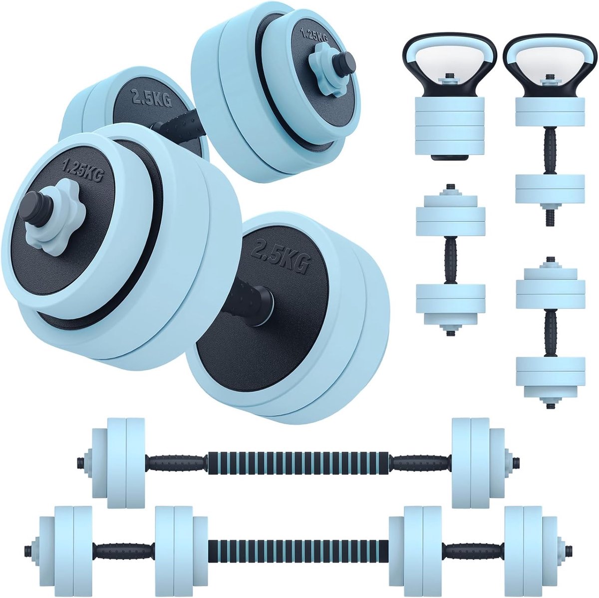4 in 1 Hantelset, Hanteln Set verstellbar 20kg,Liegestütze & Kettlebell, Dumbbell Set met verbindungsrohr, Kurzhantel & Langhantel voor Heimfitness