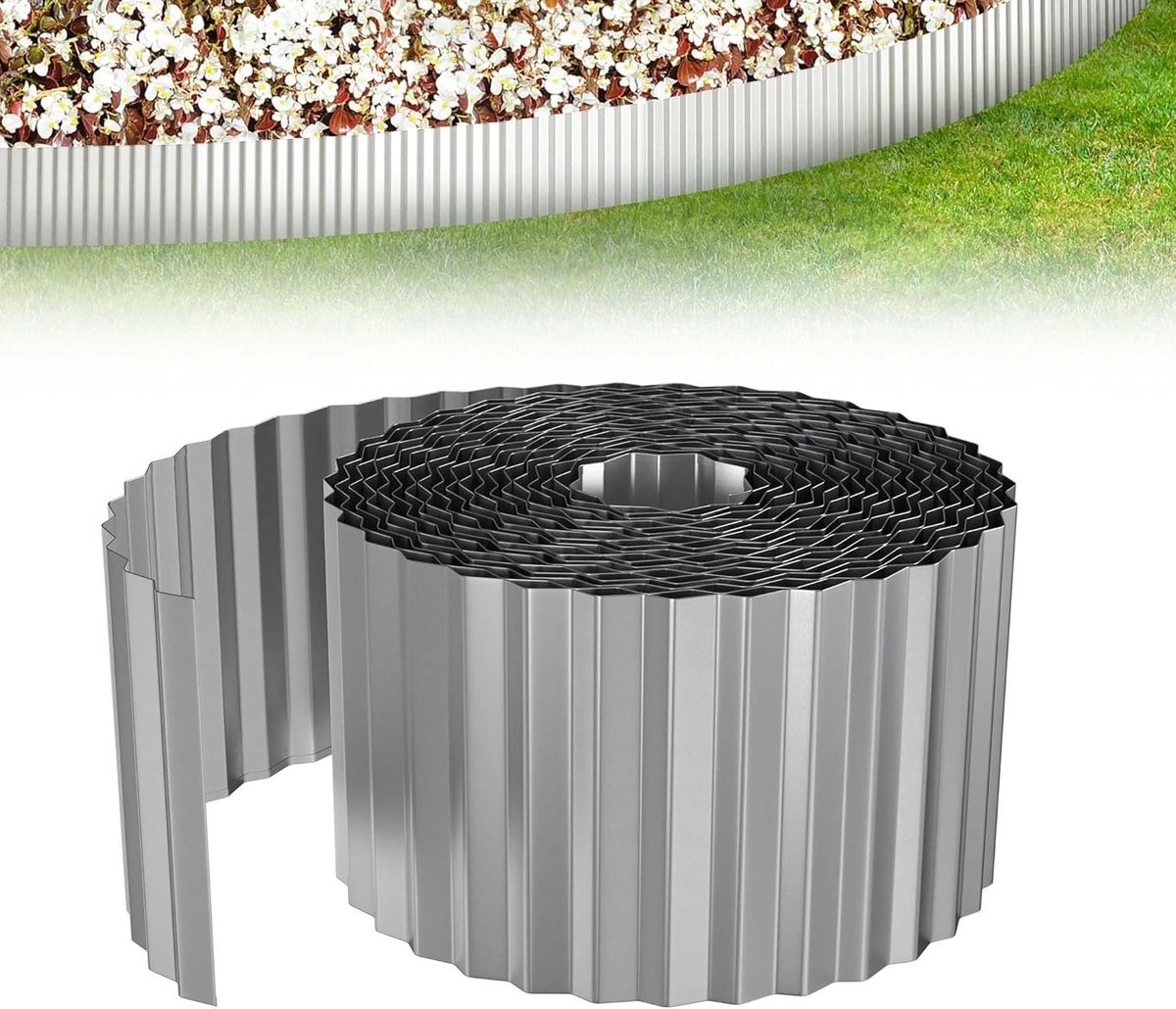 Gegolfde gazonrand, 10 m, bloembedrand van metaal, verzinkt, flexibel, bloembedrand voor verhoogde bedden, boomomrandingen, 15 cm hoog, zilver