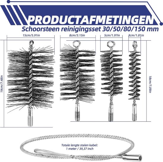 4-delig, met 30/50/80/150 mm borstels, incl. 1 m staaldraad en duwstang, schoorsteenbezem voor open haard, kachelpijp en rookkanaalreiniging — afbeelding 4