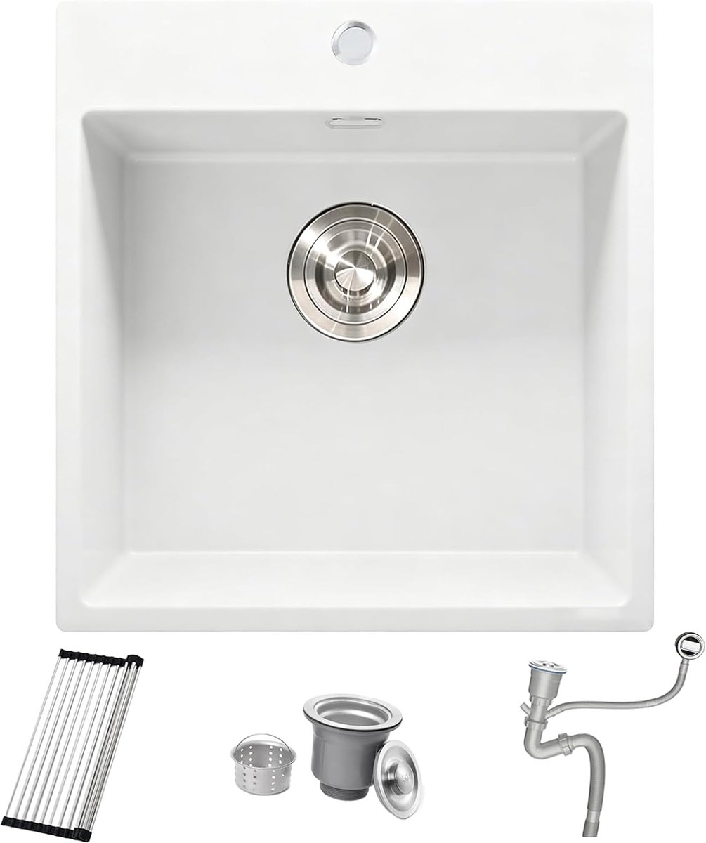 Keukengootsteen van wit graniet, klein model, keukengootsteen voor campers, 48 x 50 cm, mini-spoelbak voor campers, met afvoer en overloop, afdruipvlak en sifon