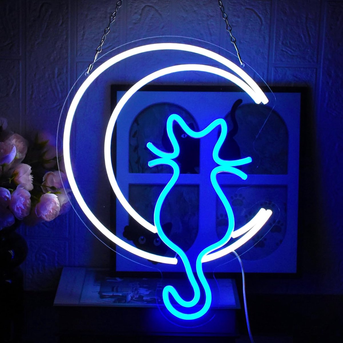Lichtreclame voor wanddecoratie, wit blauw lichtbord, USB-power, led-teken voor slaapkamer, woonkamer, kinderkamer, dierenwinkel, feest, club (maancat)