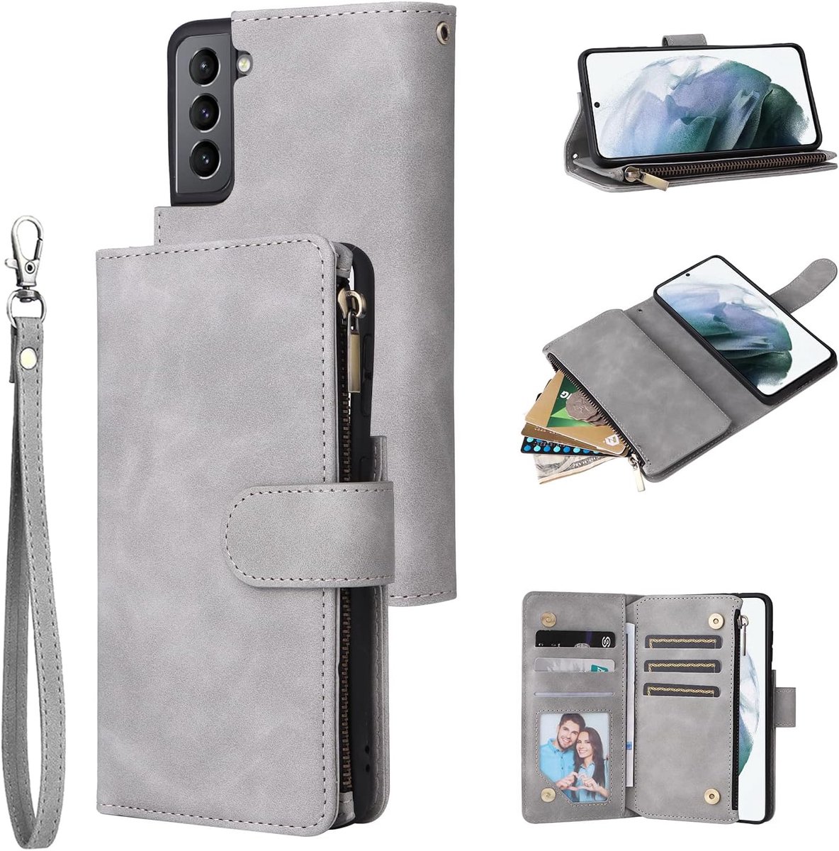 Portemonnee-hoesje voor Samsung Galaxy S21 5G, premium vintage PU-leder, magnetische sluiting, hoesje met ritsvak, kickstand, kaarthouder met vakjes en polsbandje, TPU schokbestendige fliphoes