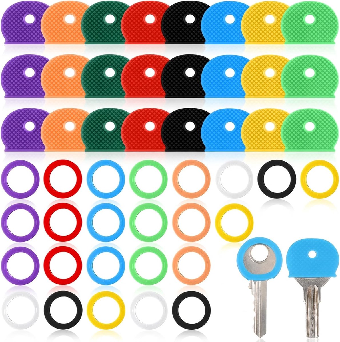 Set van 48 sleutelhoezen doppen, sleutelhangers identificatoren, sleutelkopbeschermers in 8 kleuren, siliconen sleuteldoplabels voor standaard platte huishoudsters (ronde en platte ronde stijlen)