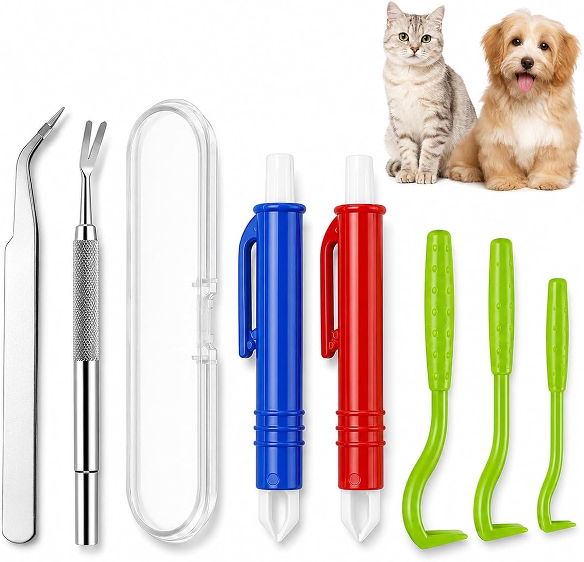 7-delige set tekenverwijderaar, voor honden, katten en mensen, met opbergdoos, van kunststof en metaal