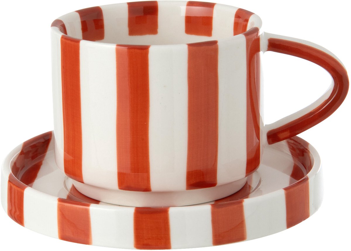 J-Line kopje + schoteltje Gestreept - steengoed - cognac/wit - 4 stuks