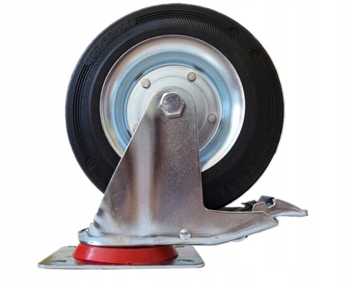 Zwenkwiel met rem 200mm metaal, massief rubber, 180kg draagvermogen