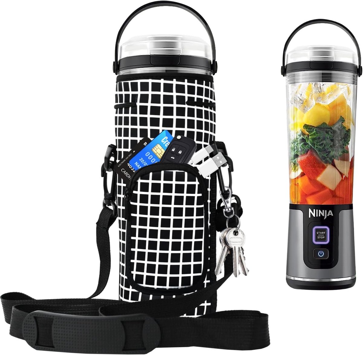 Portable blender opbergzak met schouderband - zwart geruit - perfect passend voor Ninja BC151 - ShopVlot