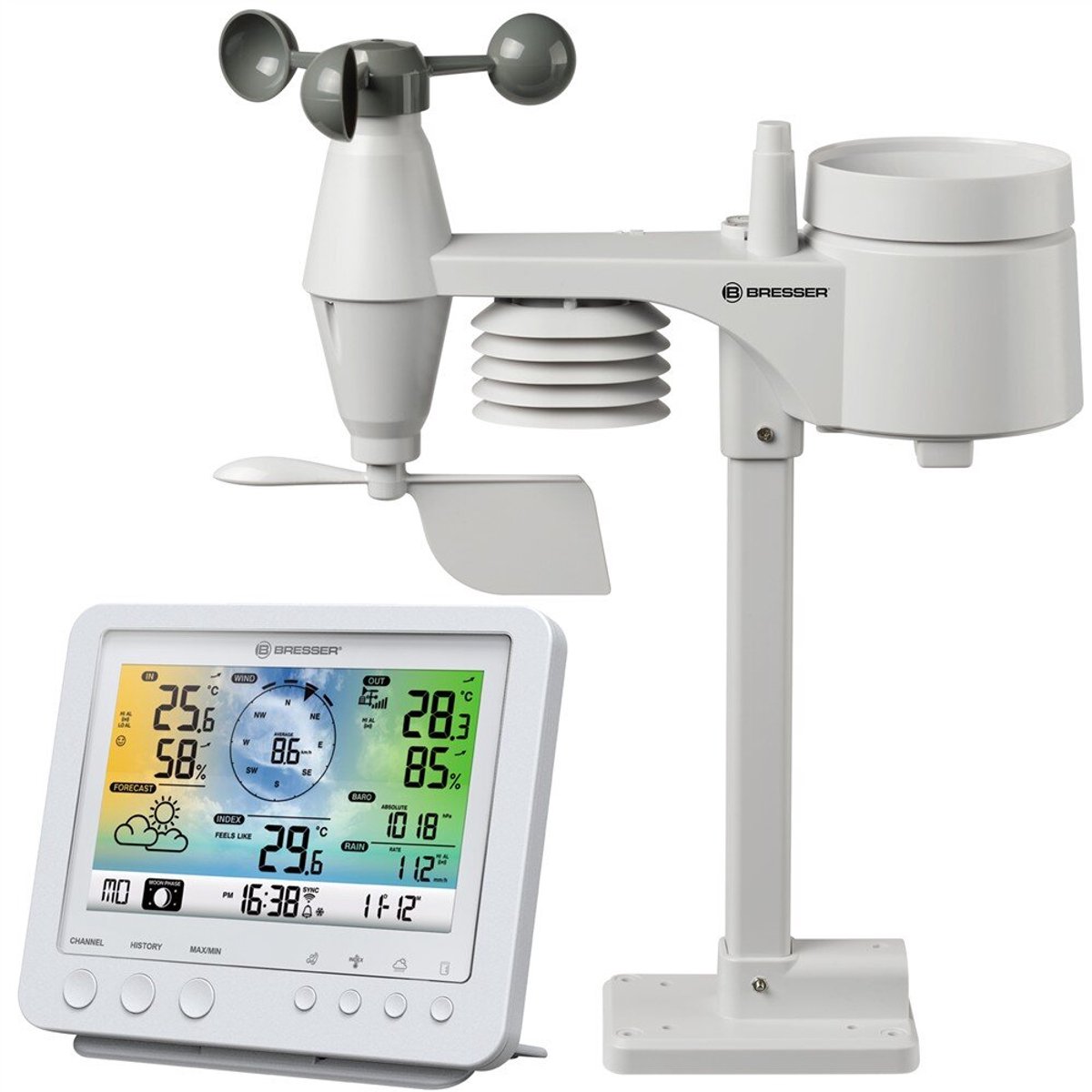 Bresser Weerstation - Proffesioneel 5-in-1 WIFI Weercenter - Temperatuur, Regenmeter, Windsnelheid, Windrichting en Luchtdrukmeting - Wit