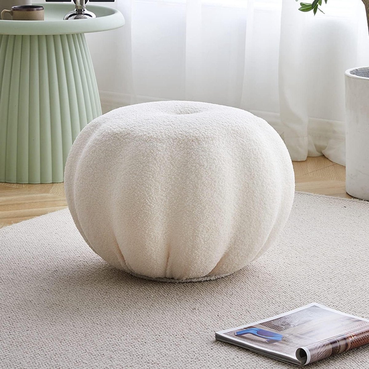 Stoffen Poef - Ottomaanse Kruk - Voeten Rusten - Pompoenvorm Design - 33 cm Hoog - Wit
