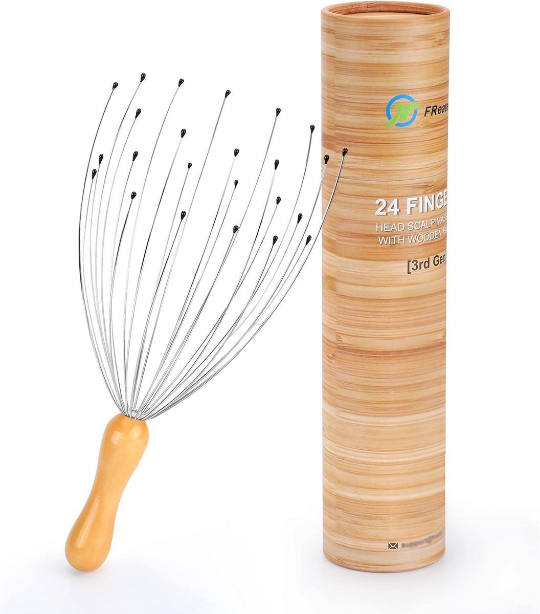 Thijox - Hoofdmassage Spin met 24 Vingers - Ergonomisch Houten Handvat Hoofd Massager voor Diepe Ontspanning, Stressverlichting en Haarstimulatie